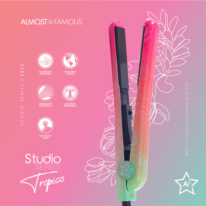 Almost Famous Tropico Studio Flat Iron by Sky Blue Thrace with waterprint design, showcasing its sleek, flat iron styling for hair care.