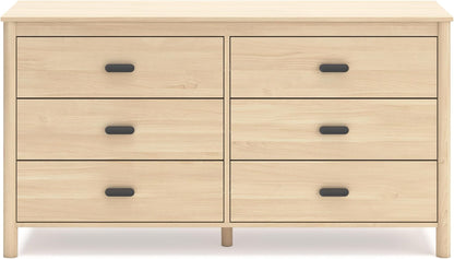 Light brown Peach Maple six-drawer bedroom dresser with sleek handles and ample storage space.