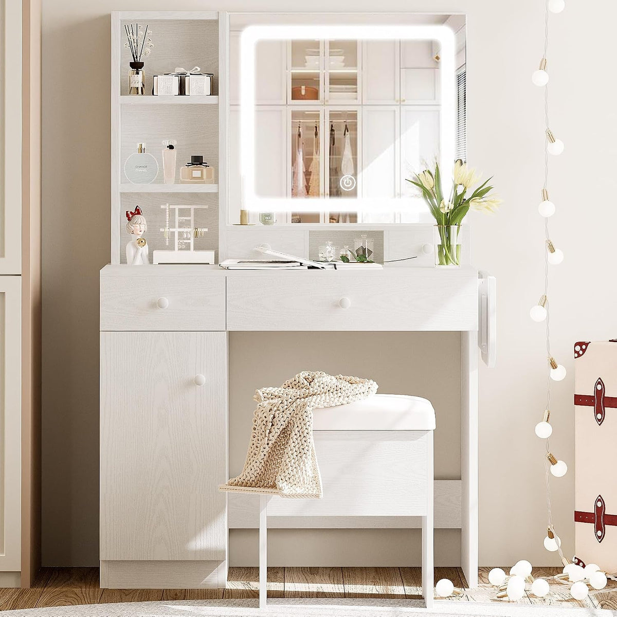 White Vanity Desk Illuminated Mirror Storage Cabinet