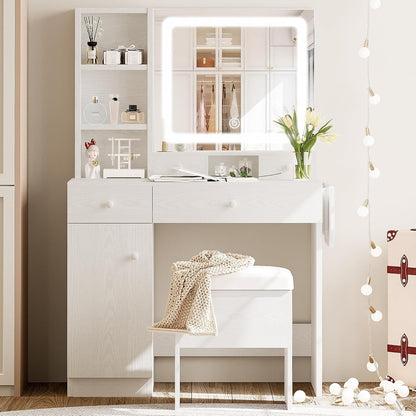White Vanity Desk Illuminated Mirror Storage Cabinet