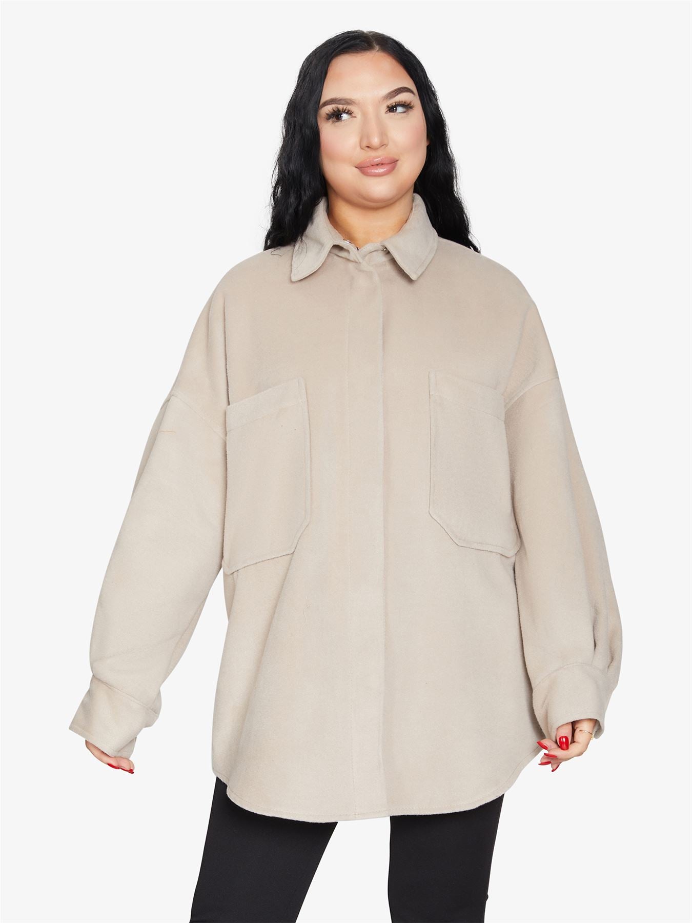 Rose Eleusis oversized patch pocket shacket, casual jacket with large patch pockets, lightweight coat for a relaxed layered look.