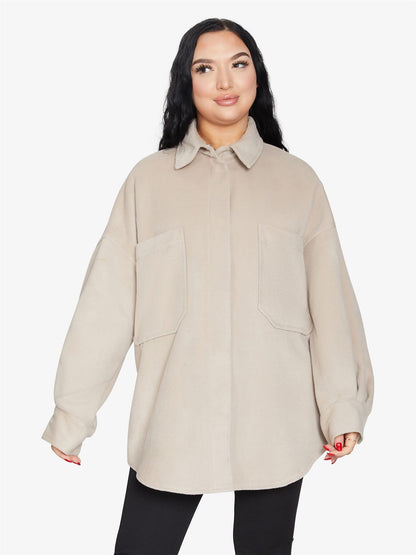 Rose Eleusis oversized patch pocket shacket, casual jacket with large patch pockets, lightweight coat for a relaxed layered look.