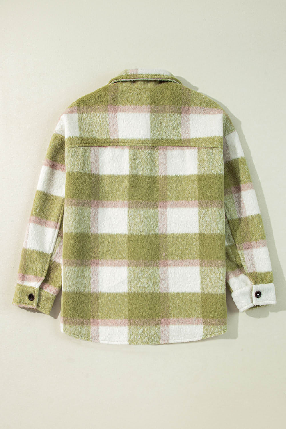 Sage green plaid print shacket with buttoned flap pockets, loose fit, from Carmine Juneberry, styled as a trendy tops and blouses piece.