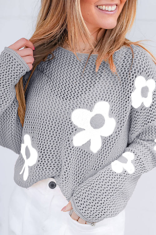 Light grey Carmine Juneberry sweater with large flower hollow knit design and drop shoulder fit, cozy and stylish knit sweater.