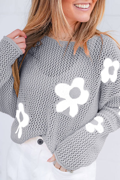 Light grey Carmine Juneberry sweater with large flower hollow knit design and drop shoulder fit, cozy and stylish knit sweater.