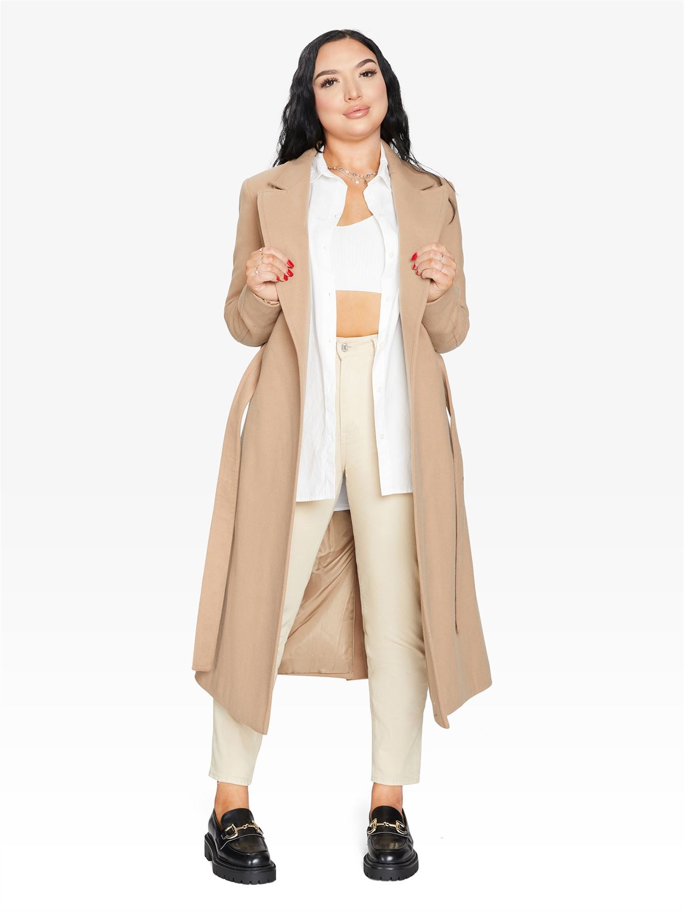 Rose Eleusis belted longline duster coat, stylish jacket with a tailored fit and belt, perfect for layered winter fashion.