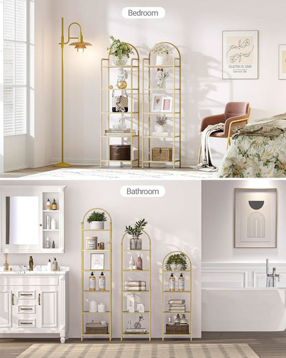 Five Tier Premium Tempered Glass Bookshelf Goldtone Frame