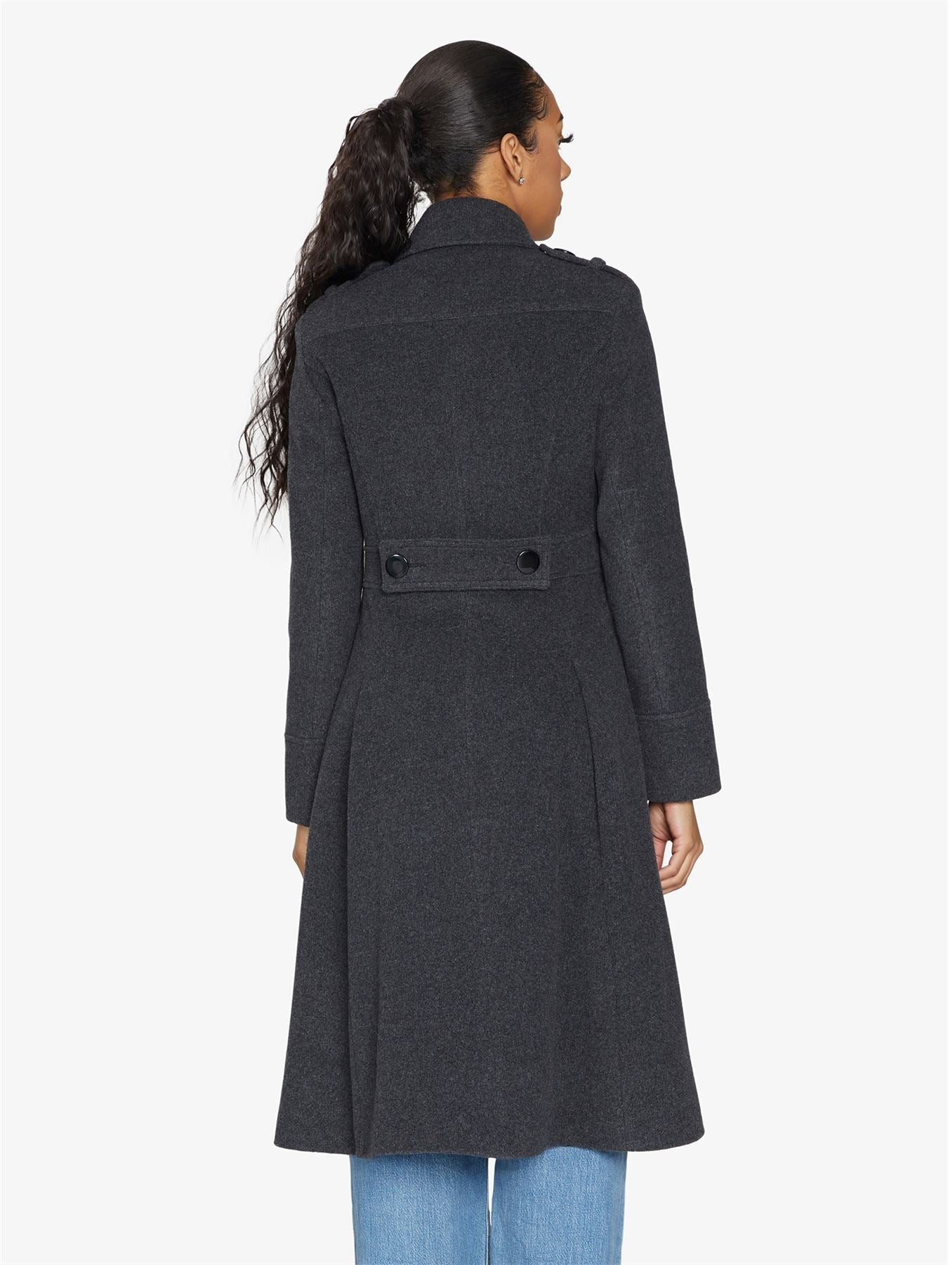 Rose Eleusis A-Line double-breasted coat, stylish jacket with a tailored fit and classic lapel design, shown in a neutral color.