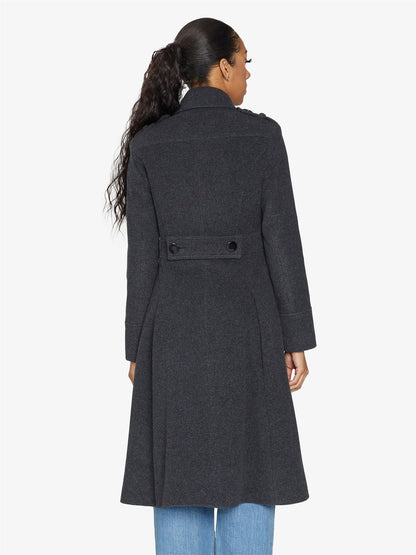 Rose Eleusis A-Line double-breasted coat, stylish jacket with a tailored fit and classic lapel design, shown in a neutral color.