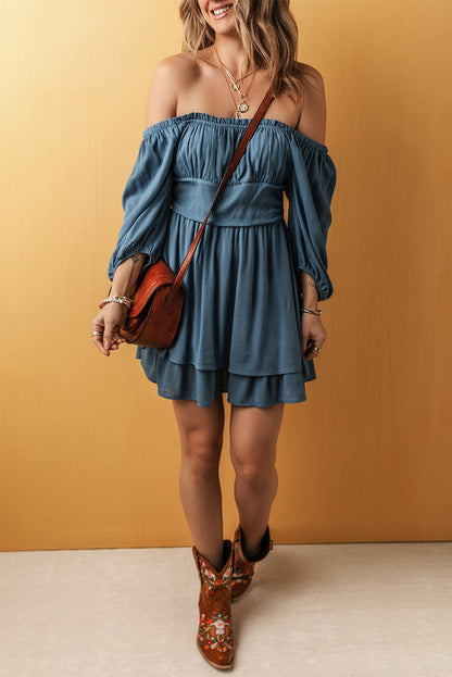 Byzantium Bay solid ruched frilled neck 3/4 sleeve dress hanging on a mannequin with a ruffled neckline and fitted silhouette.