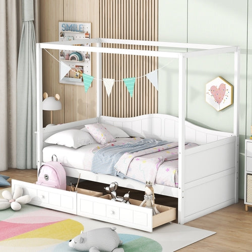 Sangria Beech twin size canopy day bed with two drawers, wooden bed frame with canopy for bedroom decor and storage.