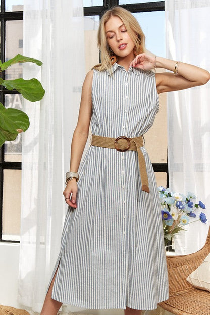 Jade Icarus ADORA striped sleeveless button-down midi dress in automotive-inspired design, featuring a fitted silhouette and bold pattern.