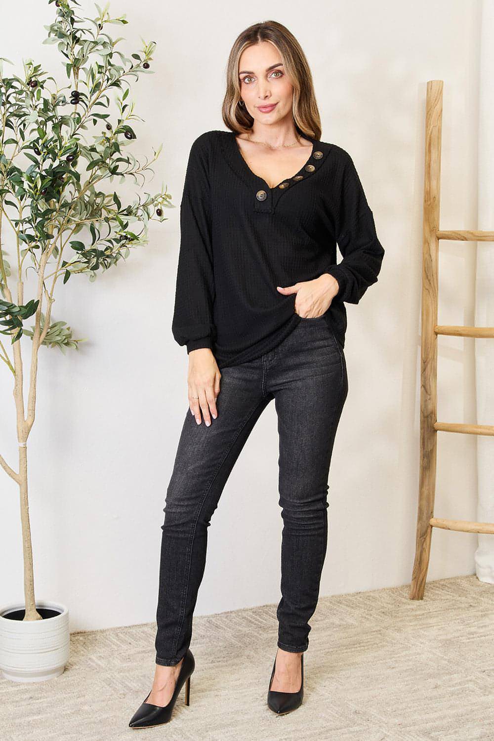 Carmine Juneberry Zenana buttoned long sleeve blouse with a classic collar and front buttons, displayed on a hanger.