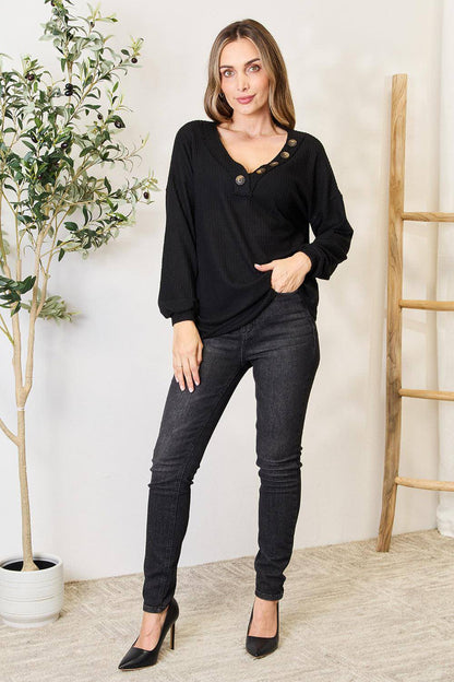Carmine Juneberry Zenana buttoned long sleeve blouse with a classic collar and front buttons, displayed on a hanger.