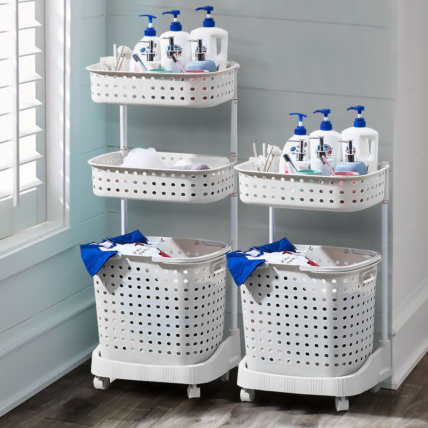 Ultramarine Dione 2-tier bathroom laundry basket with mobile rack, white plastic laundry bin and storage compartments, tech accessories style
