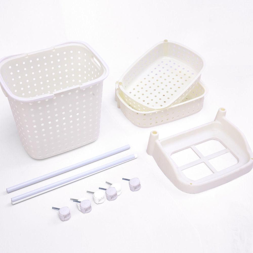 Ultramarine Dione 3-tier bathroom laundry basket with mobile rack, white plastic bins for organizing clothes and laundry tasks.