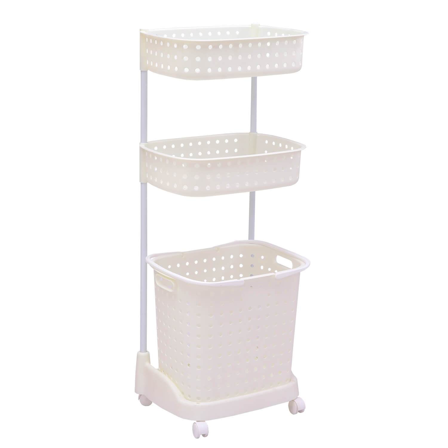 Ultramarine Dione 3-tier bathroom laundry basket and hamper with mobile rack, white plastic design for organizing clothes and linens