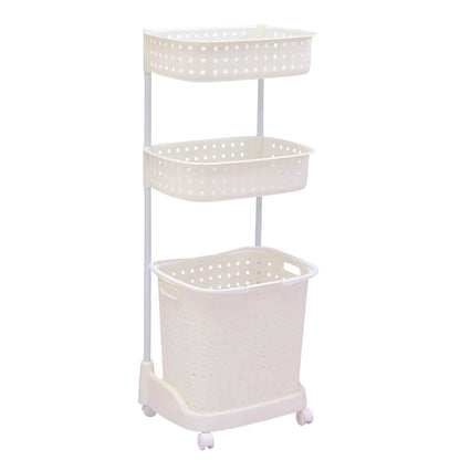 Ultramarine Dione 3-tier bathroom laundry basket and hamper with mobile rack, white plastic design for organizing clothes and linens