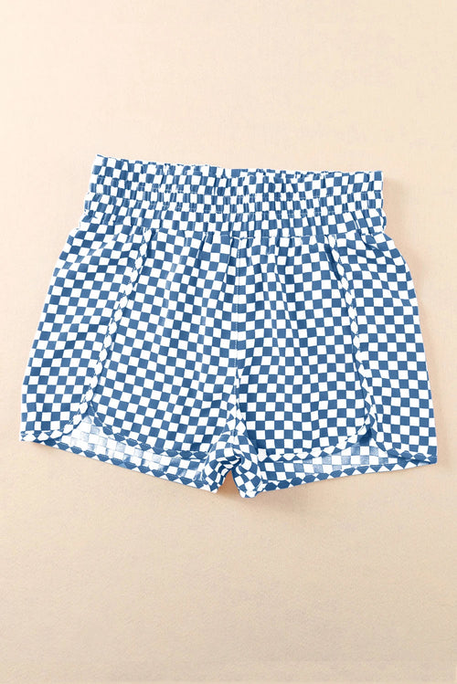 Byzantium Bay leopard and checker high waist athletic shorts with a bold animal print and stylish design.