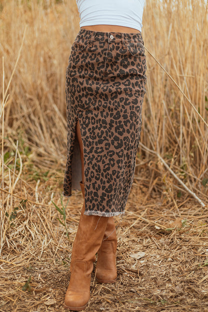 Leopard print denim midi skirt with frayed hem for women, Byzantium Bay fashion, shown with a casual style.