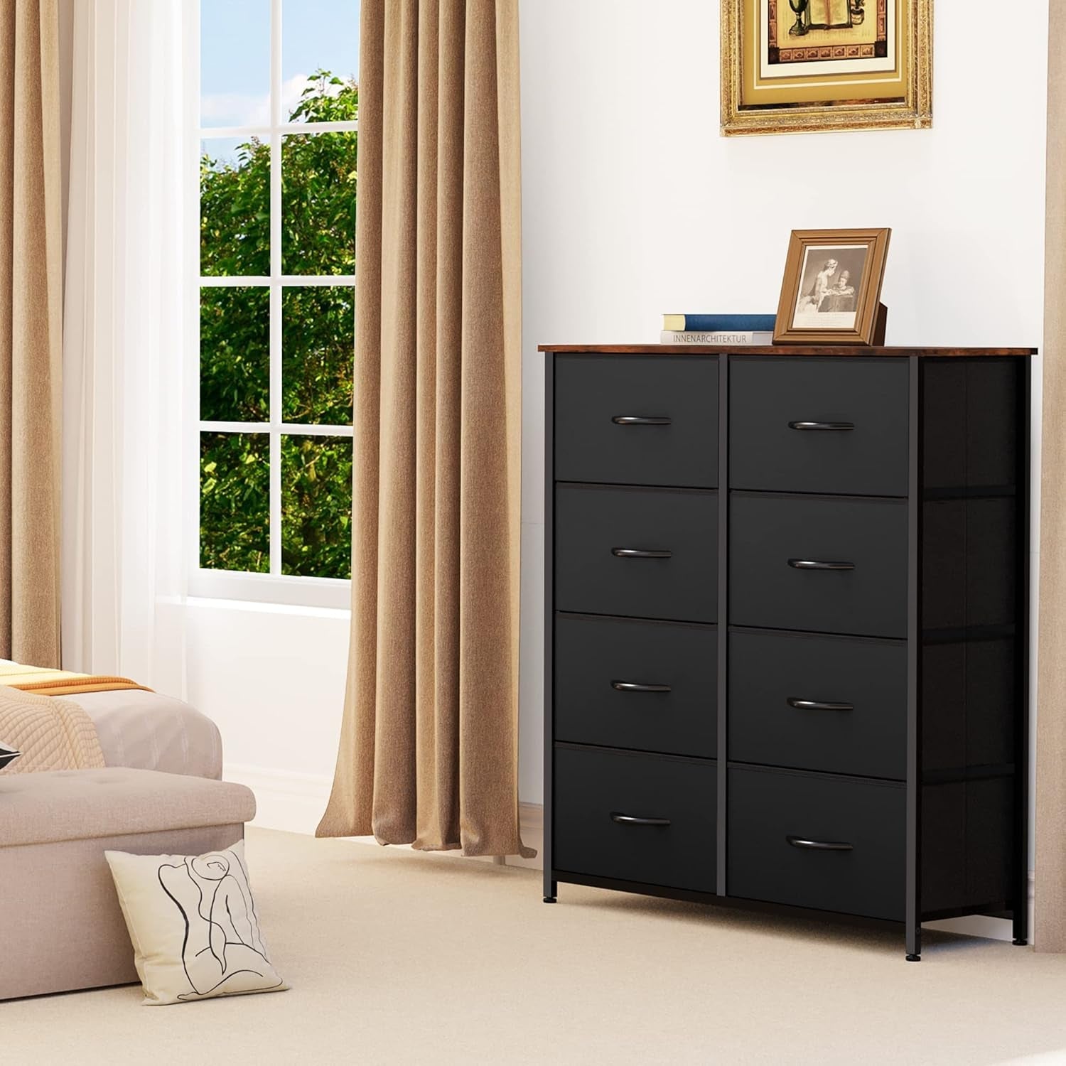 Black Peach Maple dresser with eight spacious drawers, tall bedroom storage chest in modern furniture design.