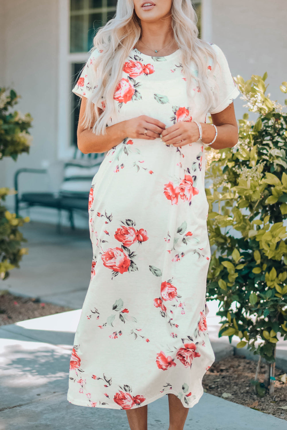 White floral print side slits T-shirt dress by Harlequin Daisy, casual and breezy for summer wear.