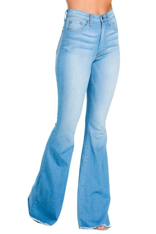 Light wash Logan Bell Bottom Jean in Jade Icarus automotive style with 30-inch inseam, showcasing classic denim details.