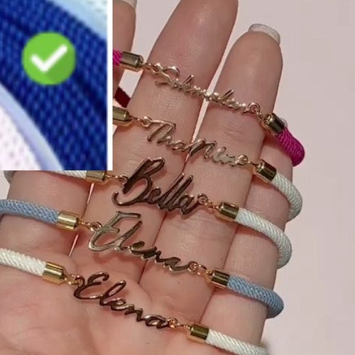 Colorful personalized rope chain bracelet with custom name for women, featuring Pink Lucky branding in a close-up shot.