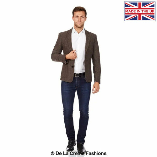 Brown wool blend blazer for men by Rose Eleusis, stylish herringbone jacket with tailored fit and classic design.