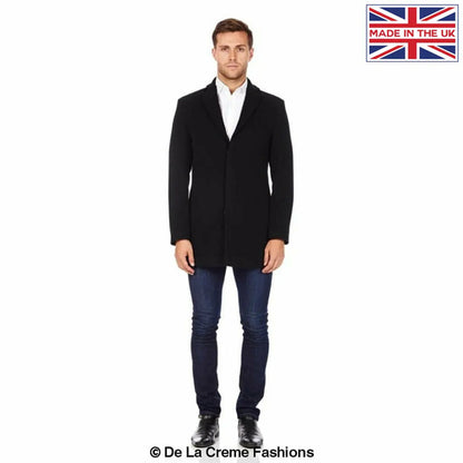 Black De La Creme MAN wool blend covert winter coat by Rose Eleusis, featuring a tailored fit and classic design.