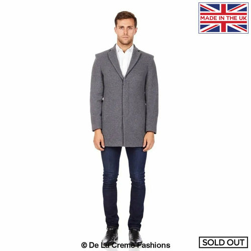 Mid-grey De La Creme MAN wool blend covert winter coat by Rose Eleusis, showcasing a stylish, warm jacket with a tailored fit.