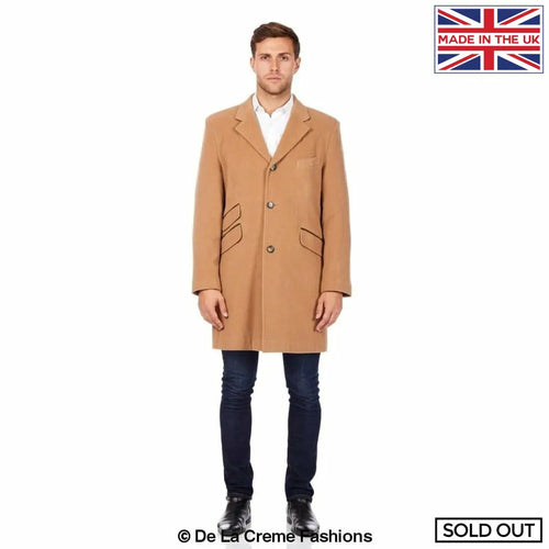 Rose Eleusis De La Creme MAN wool blend single-breasted retro mod coat in camel, stylish jacket with classic design.
