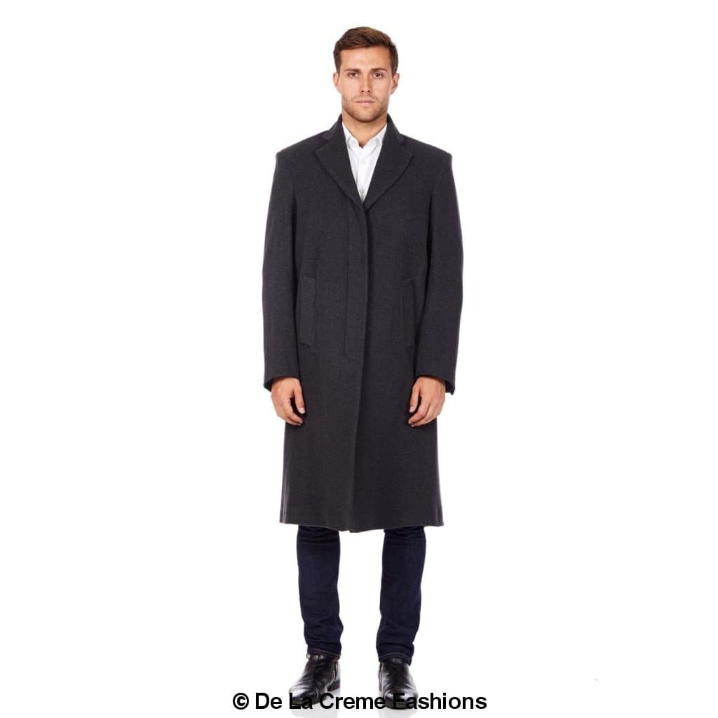 Rose Eleusis De La Creme MAN wool and cashmere blend covert long coat displayed on a hanger with a tailored fit and classic design.