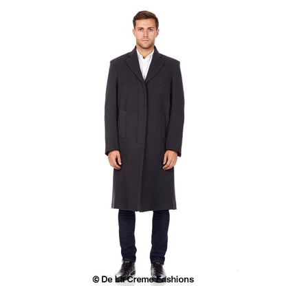 Rose Eleusis De La Creme MAN wool and cashmere blend covert long coat displayed on a hanger with a tailored fit and classic design.