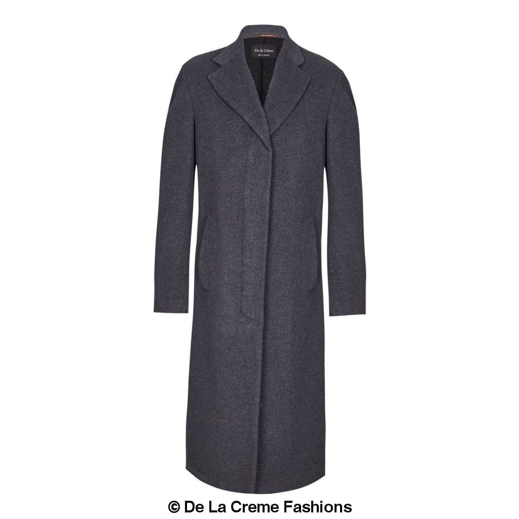 Rose Eleusis De La Creme MAN wool and cashmere blend covert long coat displayed on a hanger, showcasing its tailored fit and classic design.