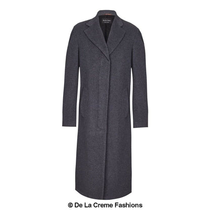 Rose Eleusis De La Creme MAN wool and cashmere blend covert long coat displayed on a hanger, showcasing its tailored fit and classic design.