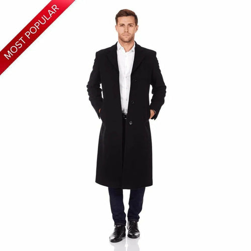 Black De La Creme MAN wool and cashmere blend covert long coat by Rose Eleusis, shown on a hanger.