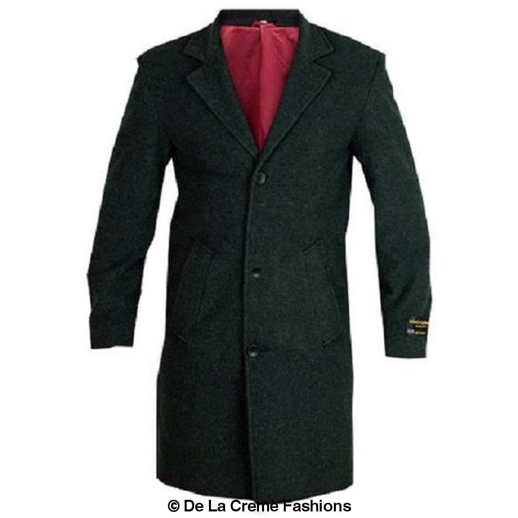Rose Eleusis De La Creme MAN wool and cashmere blend formal security overcoat, shown on a hanger, tailored and stylish.