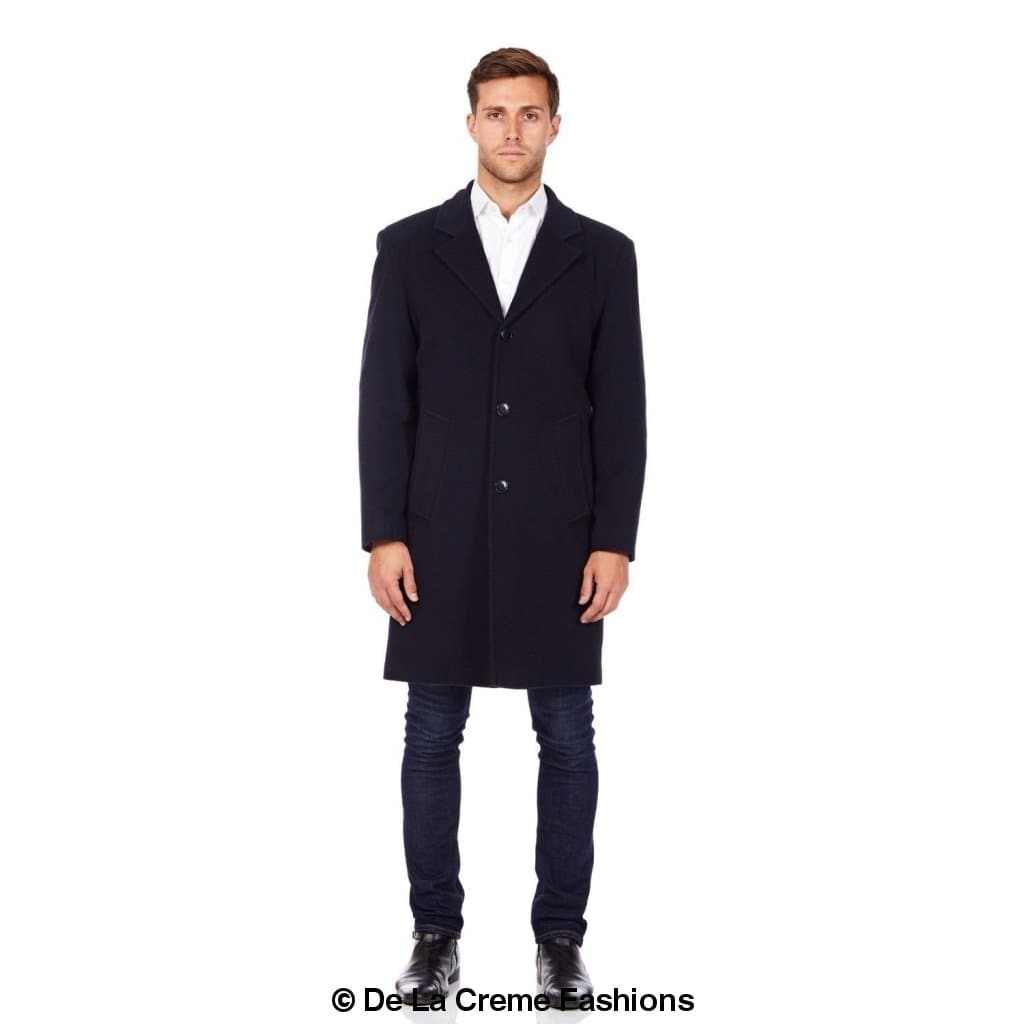 De La Creme MAN wool and cashmere blend formal security overcoat by Rose Eleusis, shown on a hanger with a tailored fit.