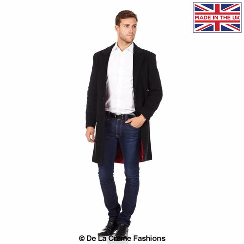 Black Wool and Cashmere Blend Formal Security Overcoat for men by Rose Eleusis, size S, displayed on a hanger.