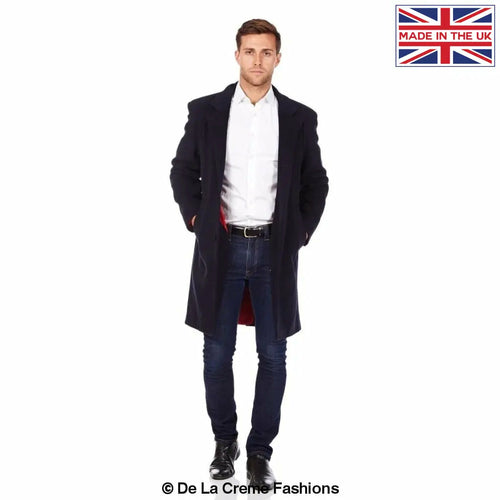 Navy De La Creme MAN wool and cashmere blend formal security overcoat by Rose Eleusis, shown on a hanger with a classic collar