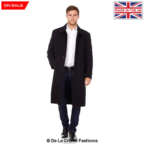 De La Creme MAN wool and cashmere long formal overcoat in black, stylish jacket with classic tailored fit, from Rose Eleusis.