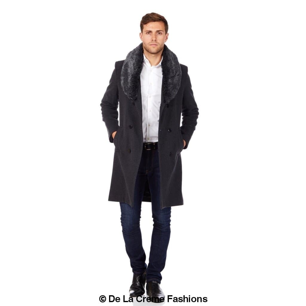 Mens double-breasted wool mix overcoat by Rose Eleusis with a faux fur collar, shown on a model.