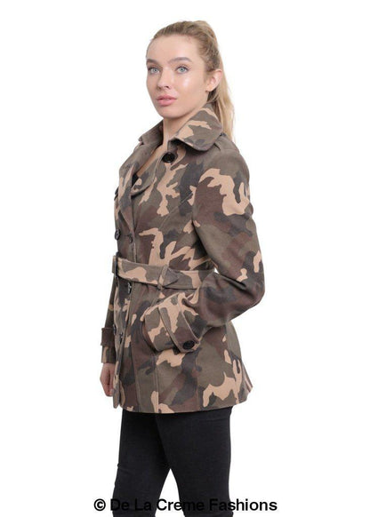 Rose Eleusis De La Creme women’s camo print double-breasted short coat, stylish jacket with tailored fit and front buttons.