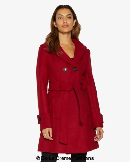Rose Eleusis Slim Fit Shawl Hooded Coat, double-breasted design with belt, stylish women&