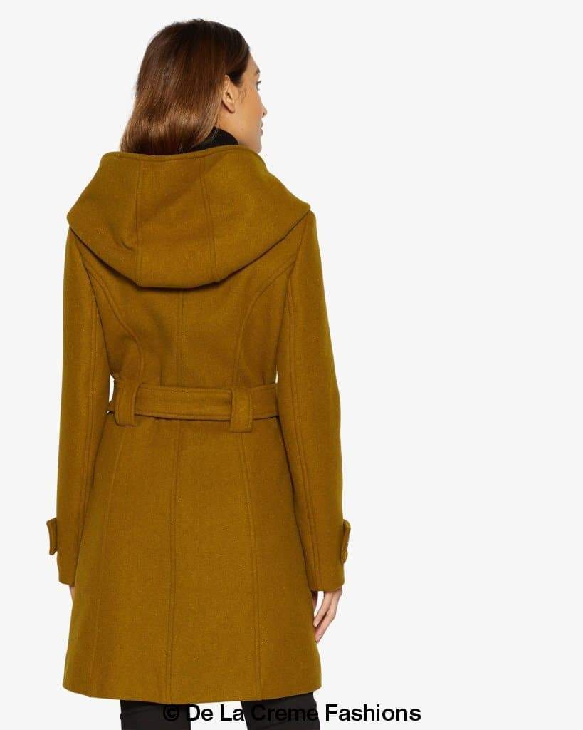 Rose Eleusis slim fit shawl hooded coat featuring double-breasted design and belt, shown in a women&