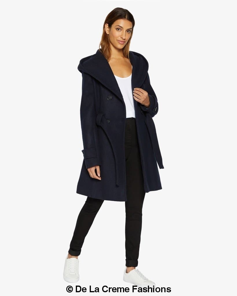 Rose Eleusis slim fit shawl hooded coat, double-breasted design with belt, stylish women&