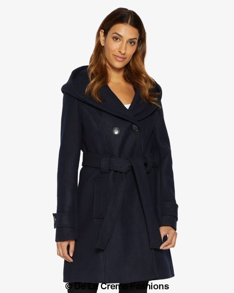 Rose Eleusis Slim Fit Shawl Hooded Coat, double-breasted belted jacket for women, stylish and warm outerwear.