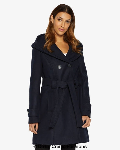 Rose Eleusis Slim Fit Shawl Hooded Coat, double-breasted belted jacket for women, stylish and warm outerwear.