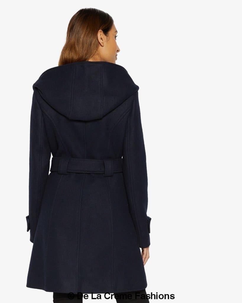 Rose Eleusis slim fit shawl hooded coat with double-breasted design and belt, stylish women’s jacket for cooler weather.